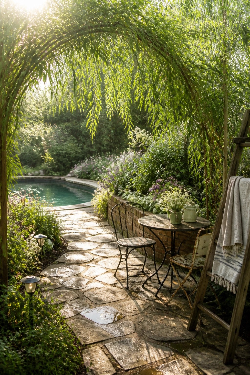 20 Functional Pool Patio Privacy Ideas That Screen Views Without Blocking Light A stone path runs beside a pool with a round table and chairs tucked under the arching branches of a tree, surrounded by garden beds.