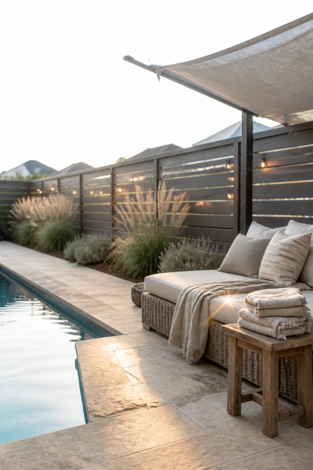 20 Functional Pool Patio Privacy Ideas That Screen Views Without Blocking Light A pool patio with a wicker daybed, stacked towels on a wooden bench, and a dark horizontal slat fence running along the back edge beside the water.