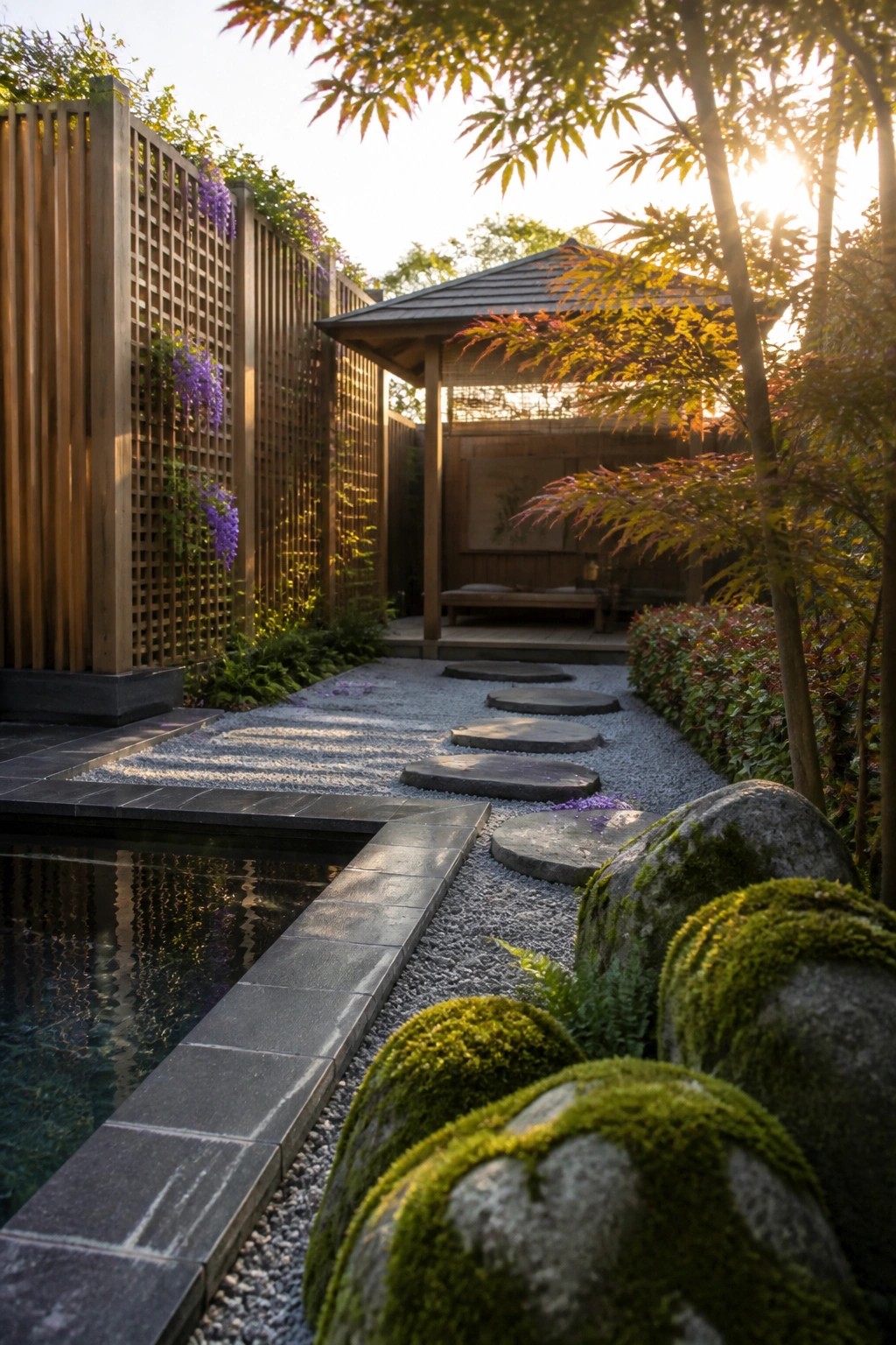 20 Functional Pool Patio Privacy Ideas That Screen Views Without Blocking Light Zen garden with stepping stones, reflecting pond, mossy rocks, wooden pavilion, and autumn trees in sunlight
