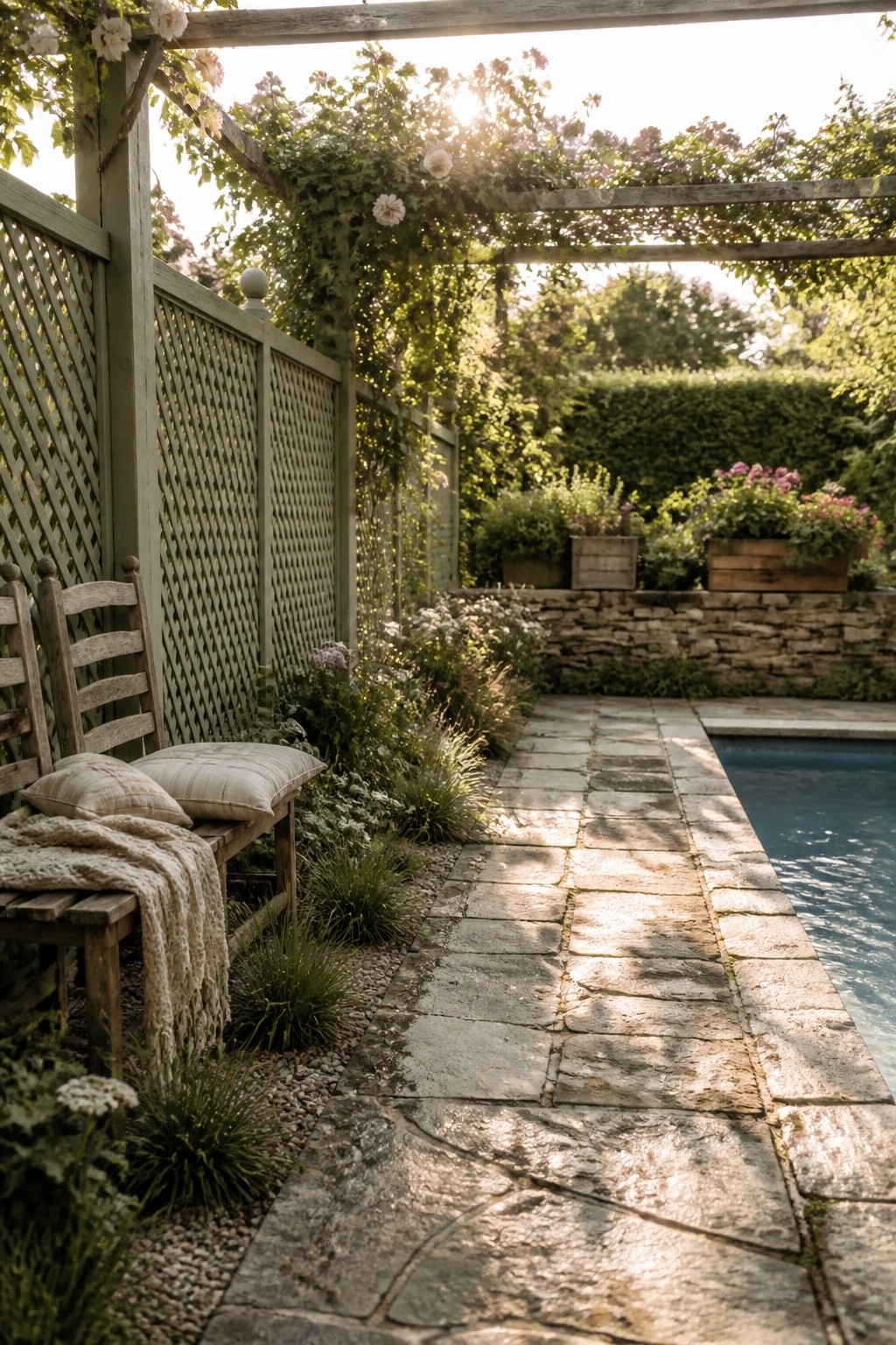 20 Functional Pool Patio Privacy Ideas That Screen Views Without Blocking Light A stone path runs beside a swimming pool next to a green lattice fence covered in climbing vines with a wooden bench in the foreground.