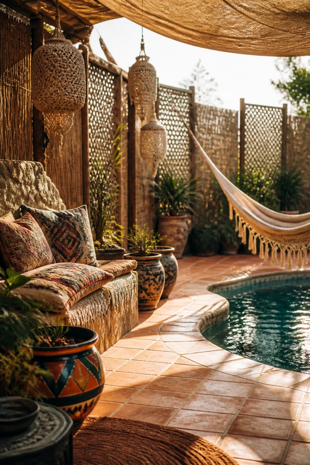 20 Functional Pool Patio Privacy Ideas That Screen Views Without Blocking Light An outdoor pool patio with terracotta tiles, a small curved pool, woven hanging lanterns, a hammock, potted plants, and wooden lattice fencing in the background.