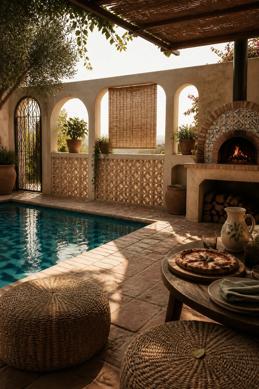 20 Functional Pool Patio Privacy Ideas That Screen Views Without Blocking Light A pool patio with a decorative lattice screen along the wall, arched openings, a tiled outdoor fireplace, and woven seating near the water.
