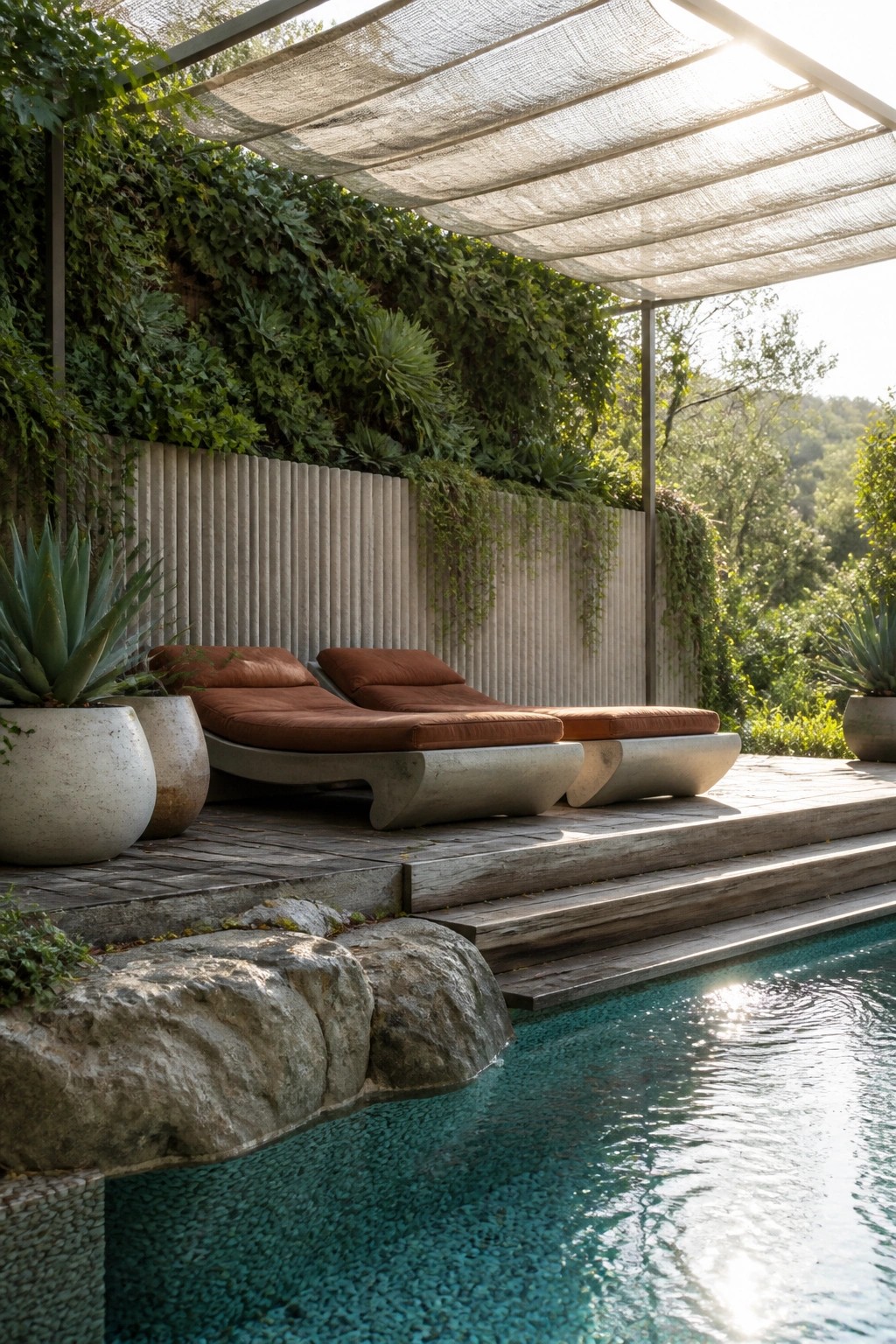 20 Functional Pool Patio Privacy Ideas That Screen Views Without Blocking Light Two brown lounge chairs on a wooden deck beside a pool, with a tall green living wall behind them and a fabric shade overhead.