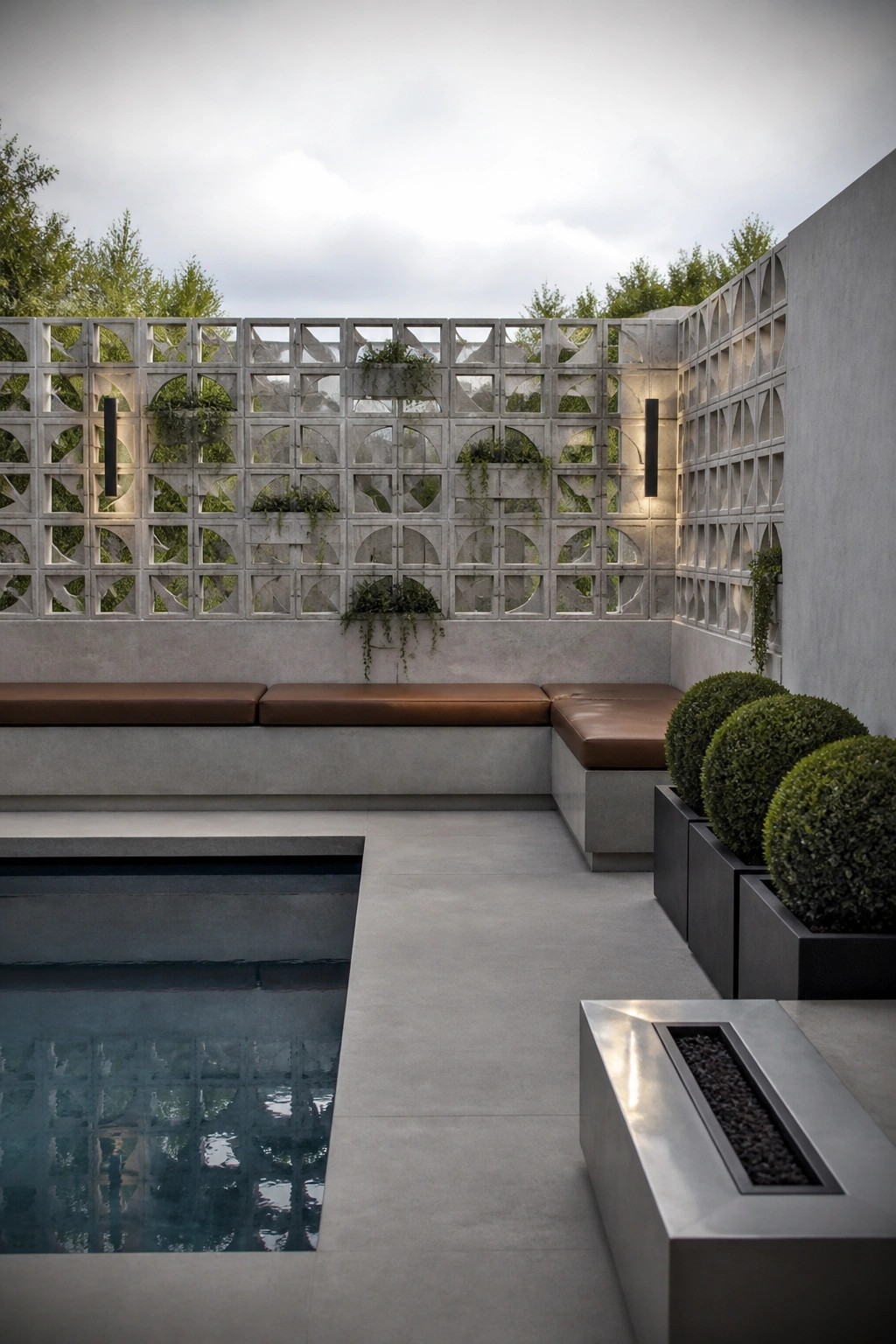 20 Functional Pool Patio Privacy Ideas That Screen Views Without Blocking Light Modern courtyard with pool, brown cushioned benches, concrete lattice walls, and fire pit.