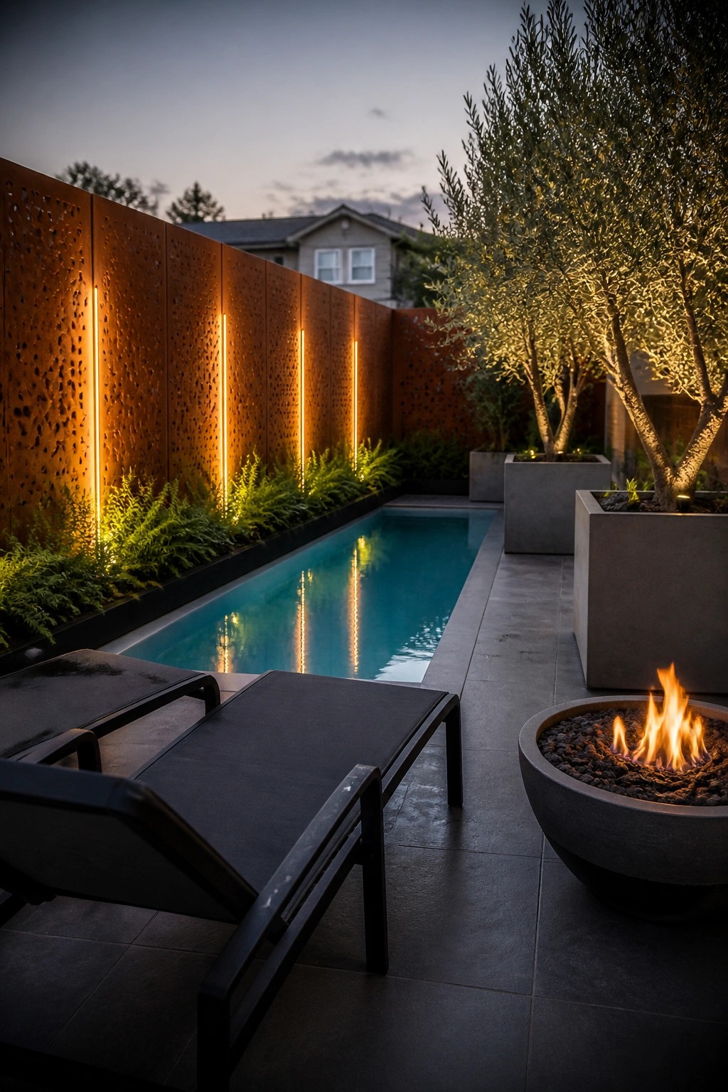 20 Functional Pool Patio Privacy Ideas That Screen Views Without Blocking Light A long narrow pool beside a tall perforated metal wall with vertical lights, dark lounge chairs in the foreground, and a fire pit on the right.