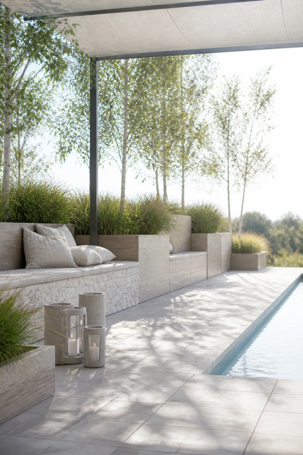 20 Functional Pool Patio Privacy Ideas That Screen Views Without Blocking Light Modern patio with cushioned bench, lanterns, and pool amid trees and plants