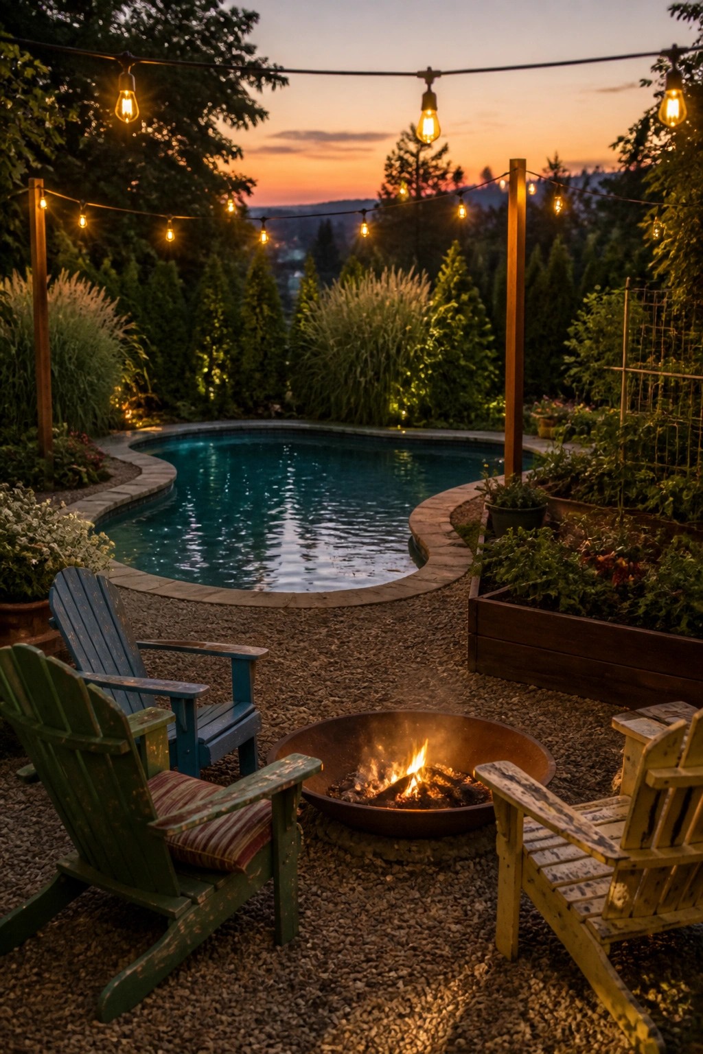 20 Functional Pool Patio Privacy Ideas That Screen Views Without Blocking Light A backyard pool at dusk surrounded by tall grasses and trees, with a fire pit, wooden chairs, string lights, and raised garden beds on a gravel patio.