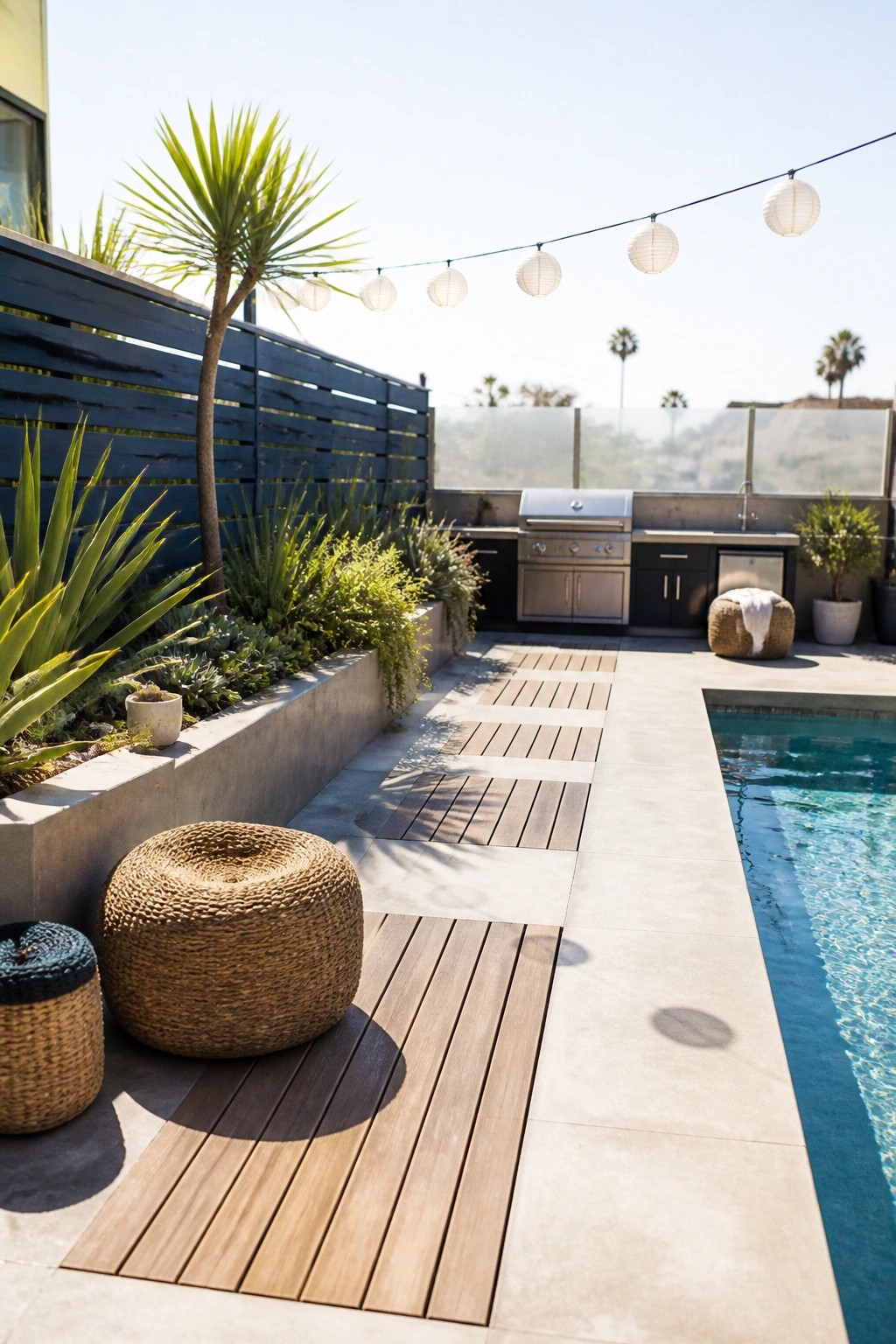 20 Functional Pool Patio Privacy Ideas That Screen Views Without Blocking Light A poolside patio with wooden deck sections on concrete, an outdoor kitchen, a dark slatted fence with a long concrete planter of tall plants, string lights overhead, and a pool along the right edge.