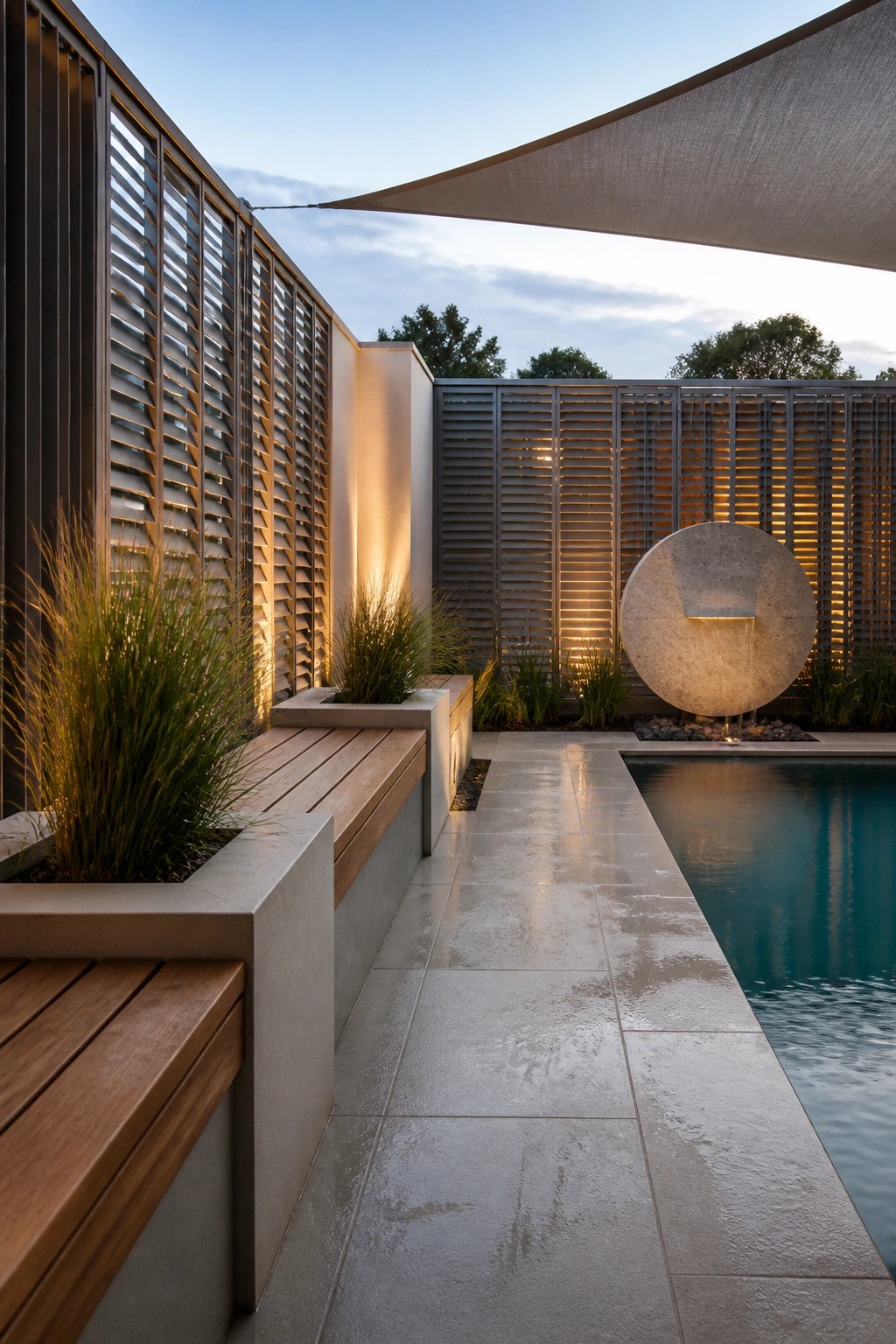 20 Functional Pool Patio Privacy Ideas That Screen Views Without Blocking Light Modern pool patio with horizontal slat screens, backlighting, concrete planters holding tall grasses, built-in wood benches, and a circular stone water feature.