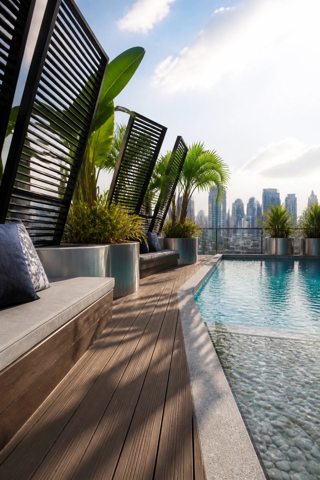 20 Functional Pool Patio Privacy Ideas That Screen Views Without Blocking Light Rooftop pool deck with wooden flooring, large metal planters holding tall plants, black slatted screens, gray cushioned seating, and a city skyline in the background.