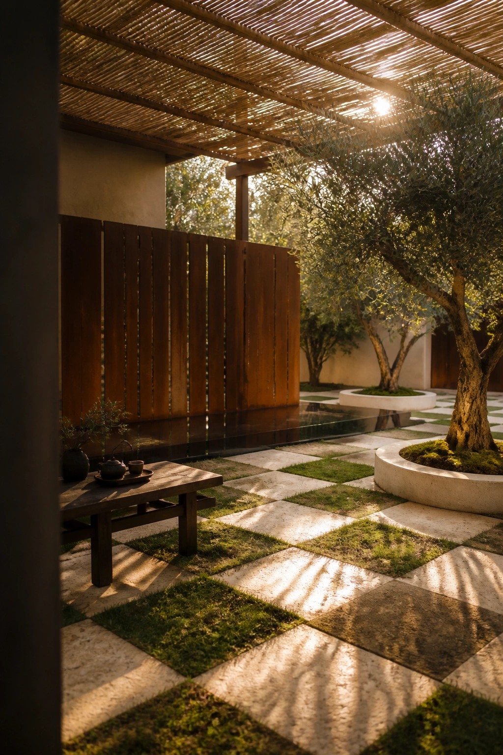 20 Functional Pool Patio Privacy Ideas That Screen Views Without Blocking Light Zen courtyard with bamboo roof, wooden tea table, checkered stone-grass floor, and trees