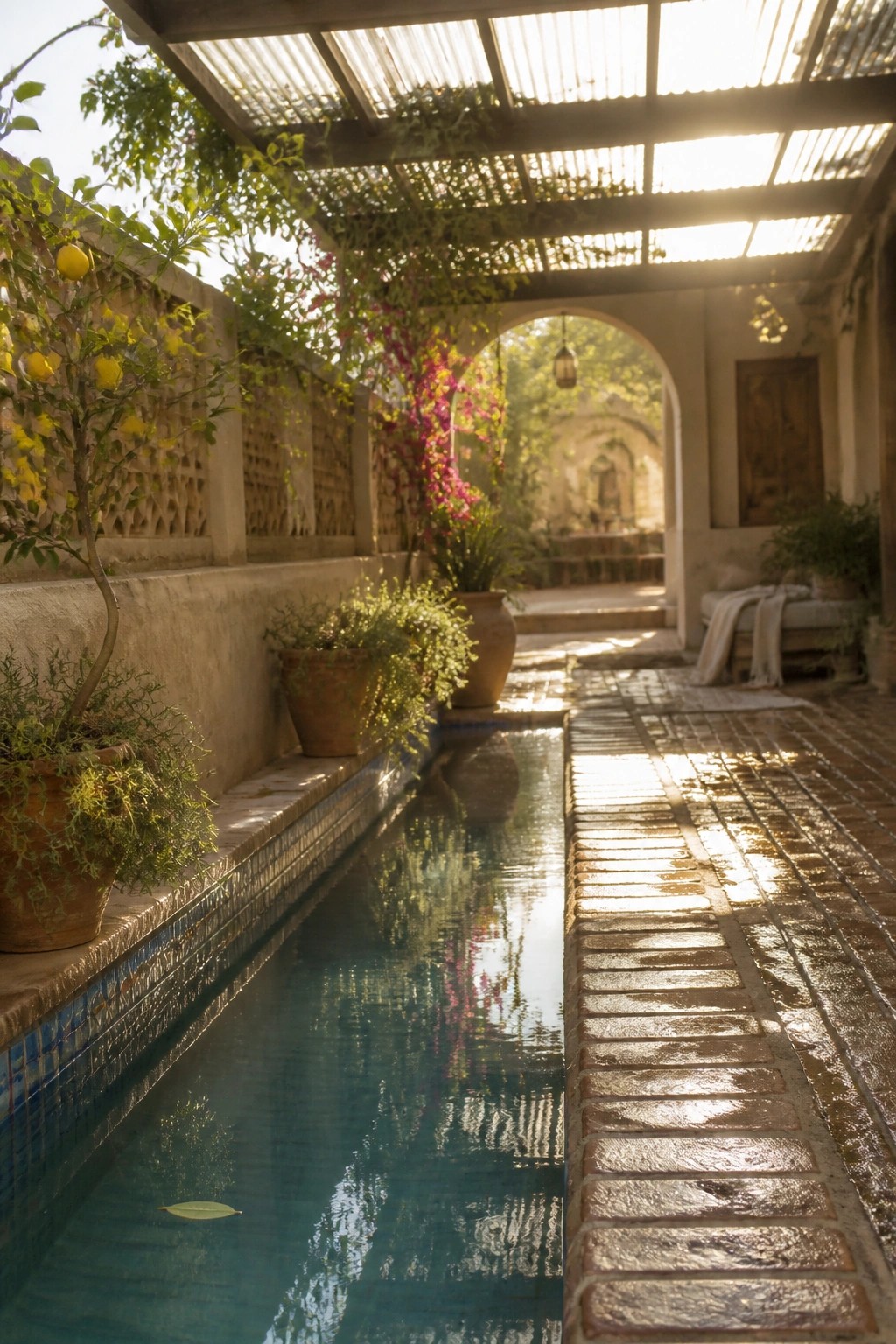 20 Functional Pool Patio Privacy Ideas That Screen Views Without Blocking Light Sunlit courtyard with narrow reflecting pool, brick path, potted plants, and arched walkway