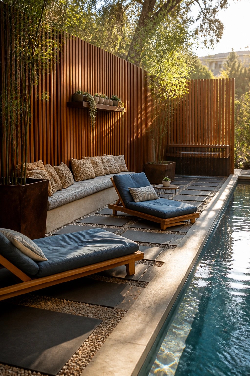 20 Functional Pool Patio Privacy Ideas That Screen Views Without Blocking Light A poolside patio with tall wooden slat privacy screens, blue lounge chairs on stone pavers, and a long swimming pool along one edge.