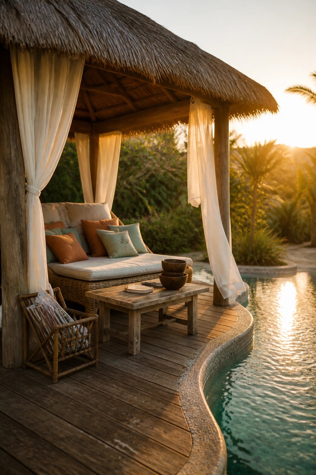 20 Practical Poolside Shade Ideas for Seating, Dining, and Relaxation Areas A thatched roof pavilion with cushioned seating on a wooden deck beside a swimming pool at sunset.