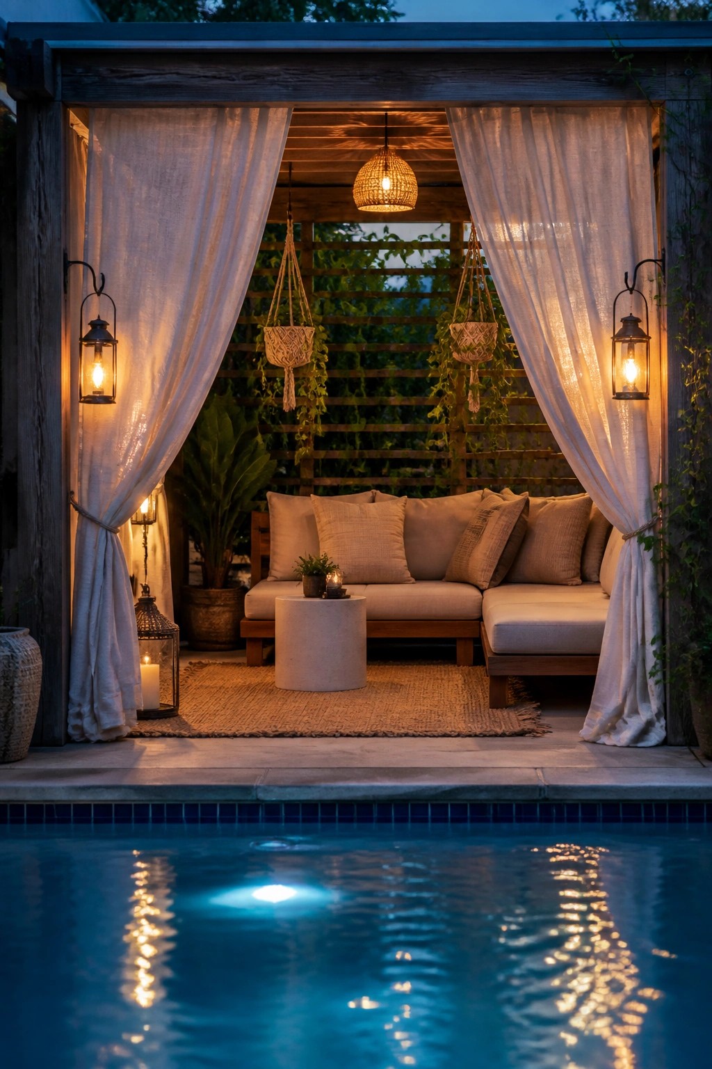 20 Practical Poolside Shade Ideas for Seating, Dining, and Relaxation Areas Cozy wooden cabana with sofa, white curtains, lanterns, and hanging plants by pool at dusk