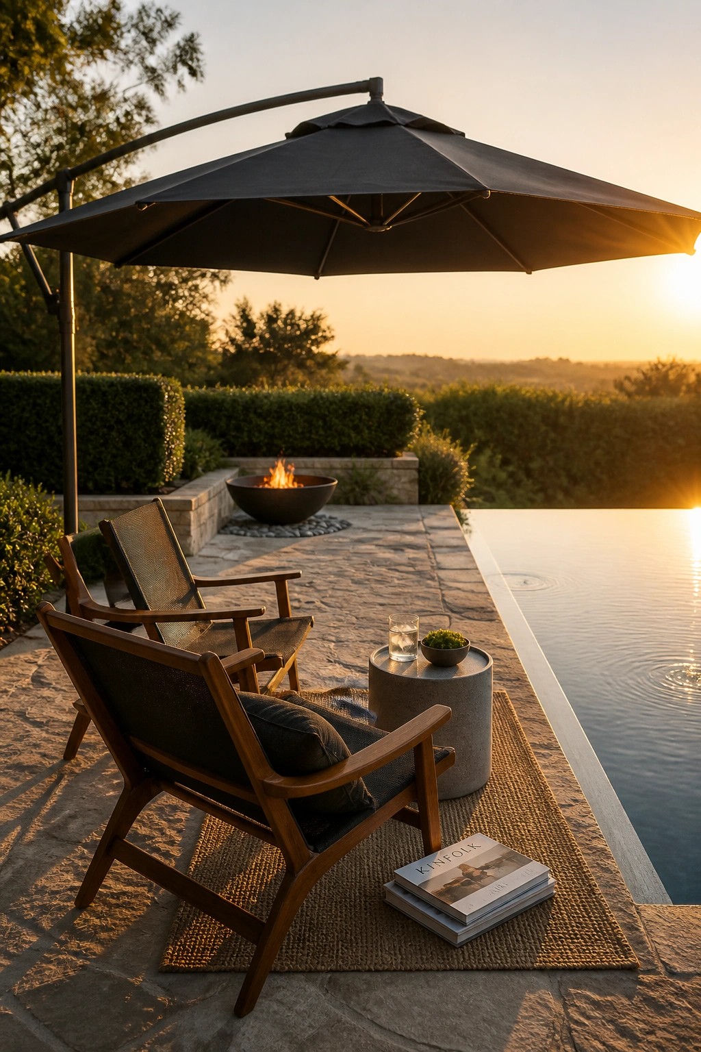 20 Practical Poolside Shade Ideas for Seating, Dining, and Relaxation Areas Two wooden lounge chairs sit on a stone patio under a large black cantilever umbrella next to an infinity pool, with a round side table, books, and a fire pit visible in the background.