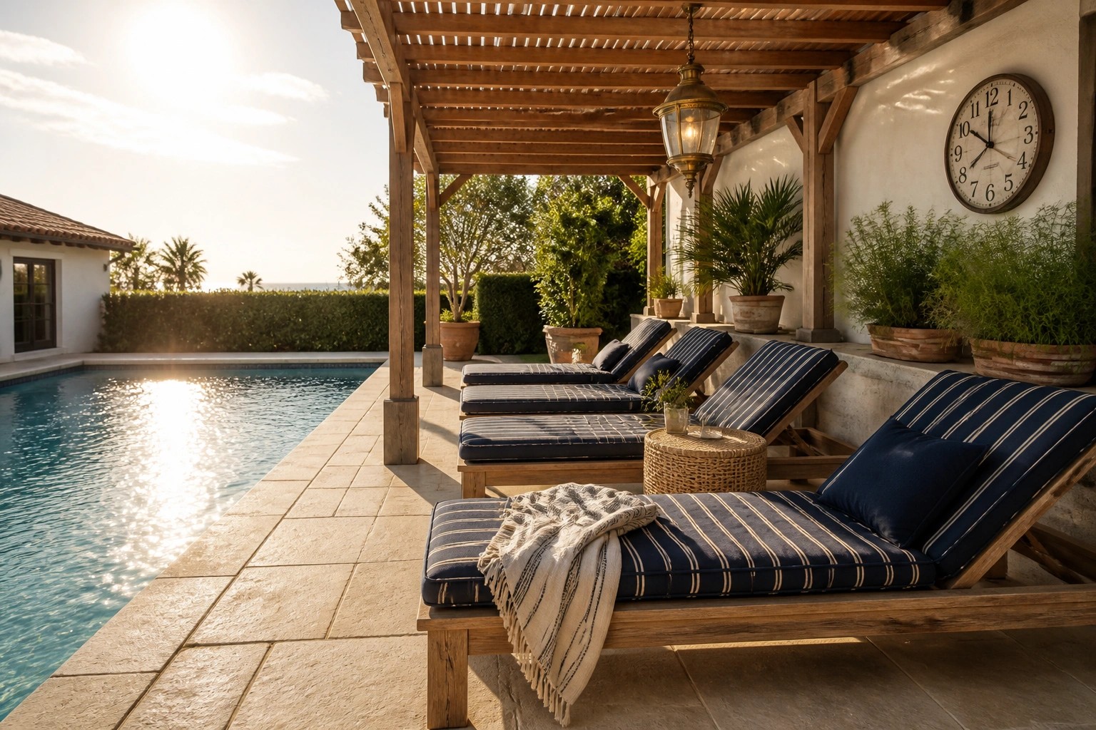 20 Practical Poolside Shade Ideas for Seating, Dining, and Relaxation Areas Wooden lounge chairs with blue striped cushions arranged under a pergola next to a swimming pool.