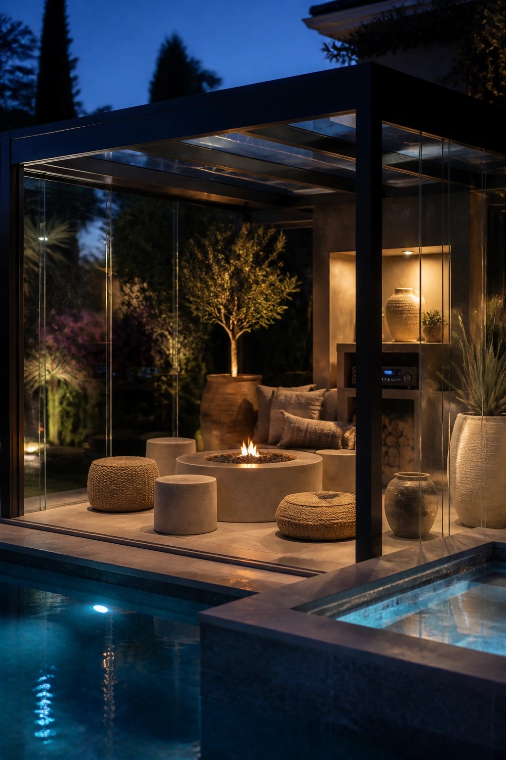 20 Practical Poolside Shade Ideas for Seating, Dining, and Relaxation Areas A modern glass and metal pavilion with a concrete fire pit and seating next to a swimming pool at dusk.