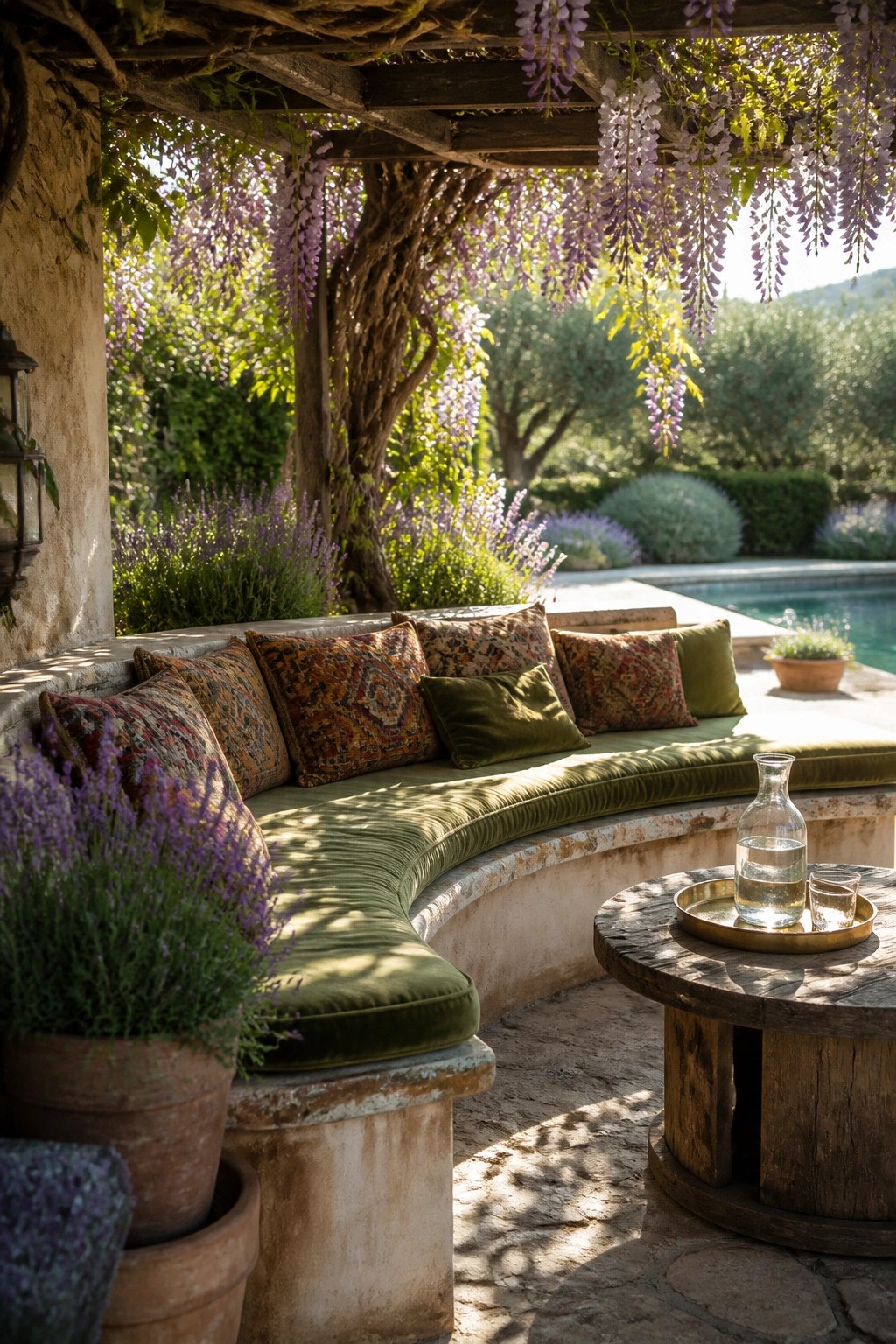 20 Practical Poolside Shade Ideas for Seating, Dining, and Relaxation Areas A curved green velvet bench with patterned pillows sits under a wooden pergola draped in hanging purple wisteria, beside a swimming pool on a stone patio.
