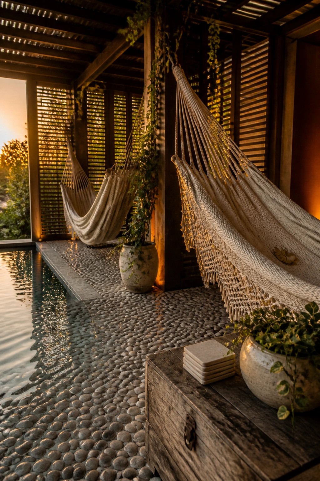 20 Practical Poolside Shade Ideas for Seating, Dining, and Relaxation Areas Two woven hammocks hang from wooden beams beside a pool on a pebble stone floor with potted plants nearby.
