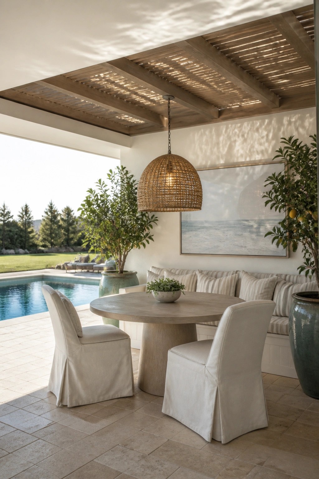 20 Practical Poolside Shade Ideas for Seating, Dining, and Relaxation Areas Outdoor patio with round wooden table, woven pendant light, slipcovered chairs, and pool view