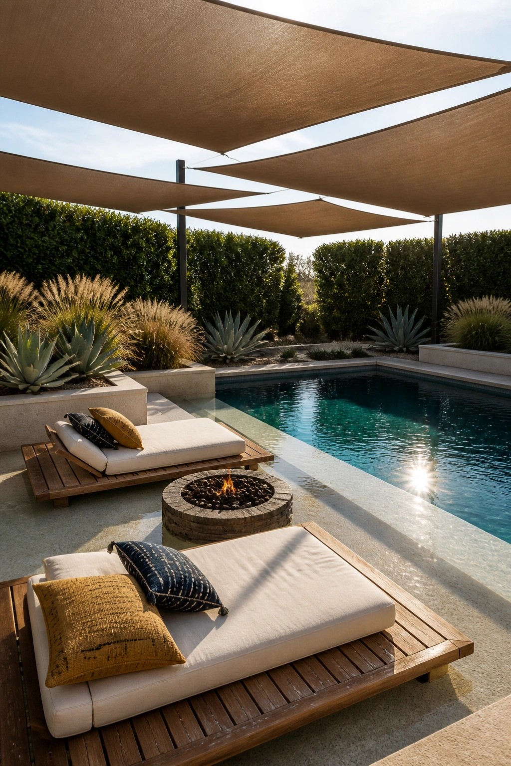 20 Practical Poolside Shade Ideas for Seating, Dining, and Relaxation Areas A poolside lounge area with wooden daybeds, cushions, a stone fire pit, and several large brown shade sails overhead.