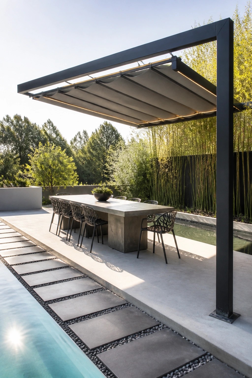 20 Practical Poolside Shade Ideas for Seating, Dining, and Relaxation Areas Modern concrete dining table under black pergola awning beside pool with bamboo backdrop