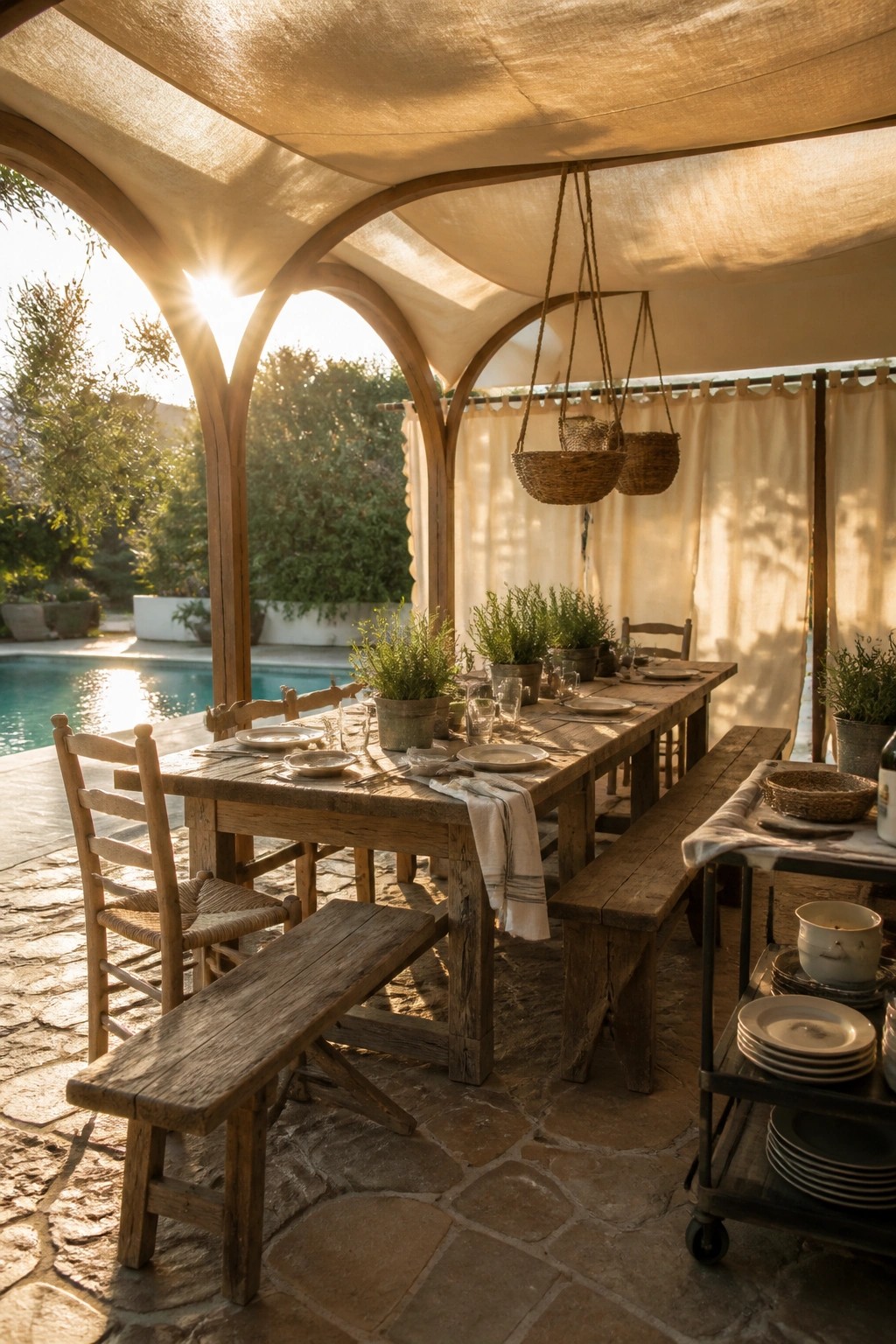 20 Practical Poolside Shade Ideas for Seating, Dining, and Relaxation Areas A long wooden dining table with benches and plates set beneath a large draped fabric canopy next to a swimming pool.
