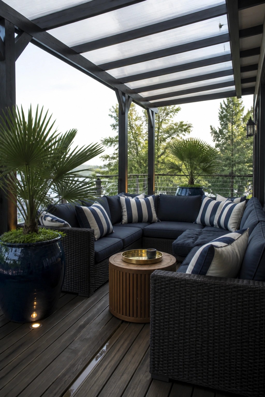 20 Practical Poolside Shade Ideas for Seating, Dining, and Relaxation Areas An outdoor covered patio with a dark wood pergola featuring translucent horizontal panels over a navy sectional sofa with striped pillows and a round wooden coffee table.