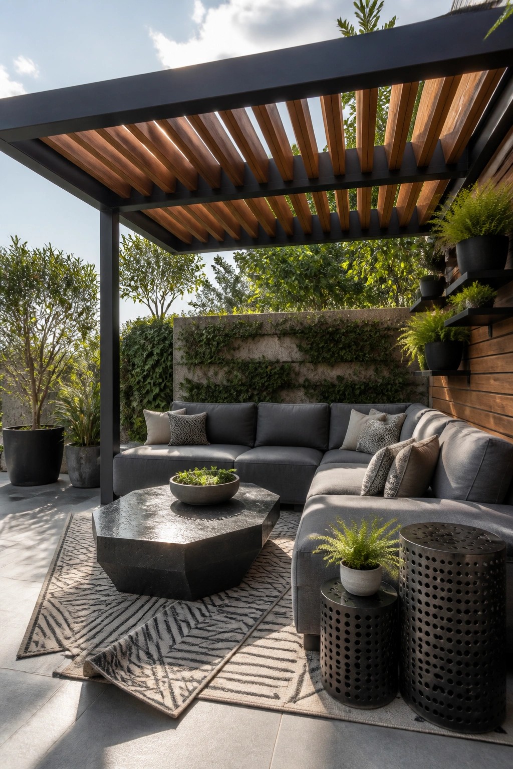 20 Practical Poolside Shade Ideas for Seating, Dining, and Relaxation Areas Modern patio with gray sectional sofa, geometric table, patterned rug, and lush greenery.