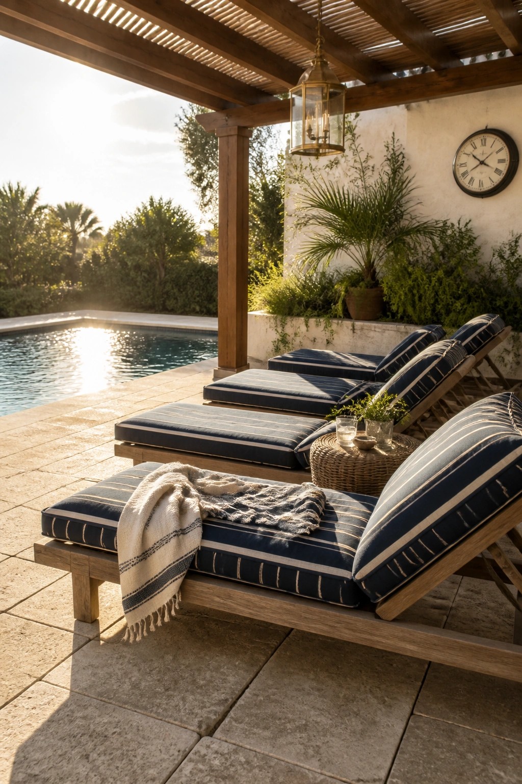 20 Practical Poolside Shade Ideas for Seating, Dining, and Relaxation Areas Wooden lounge chairs with blue striped cushions arranged under a pergola next to a swimming pool.