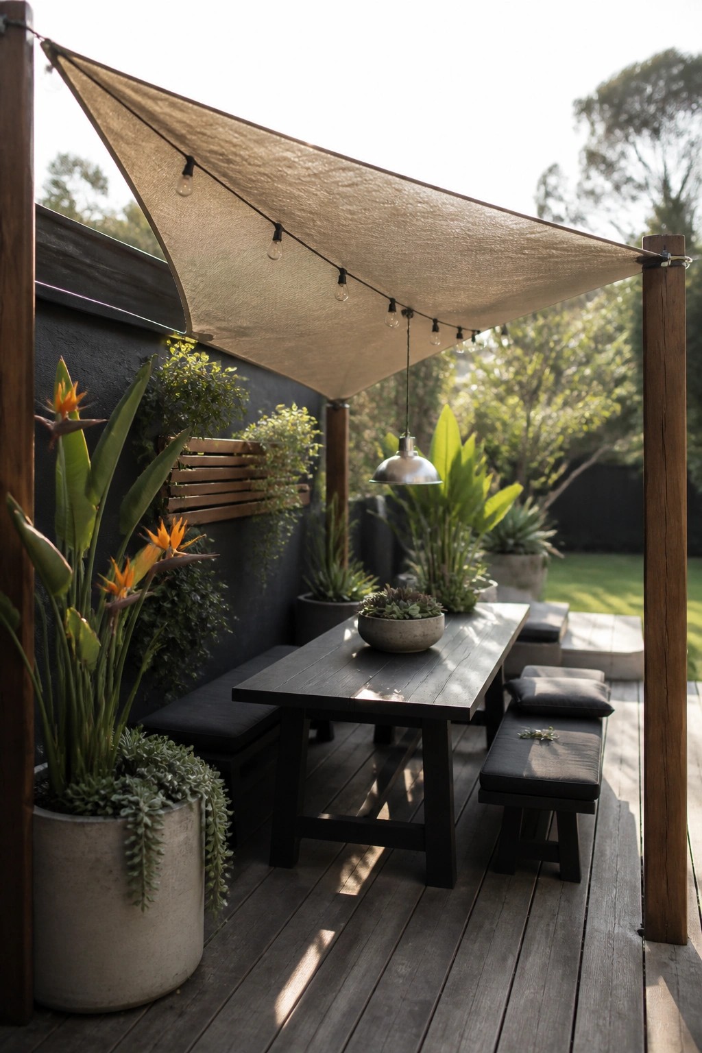 20 Practical Poolside Shade Ideas for Seating, Dining, and Relaxation Areas An outdoor wooden dining table with benches sits on a deck beneath a large triangular beige shade sail strung between posts, with potted plants along the side.