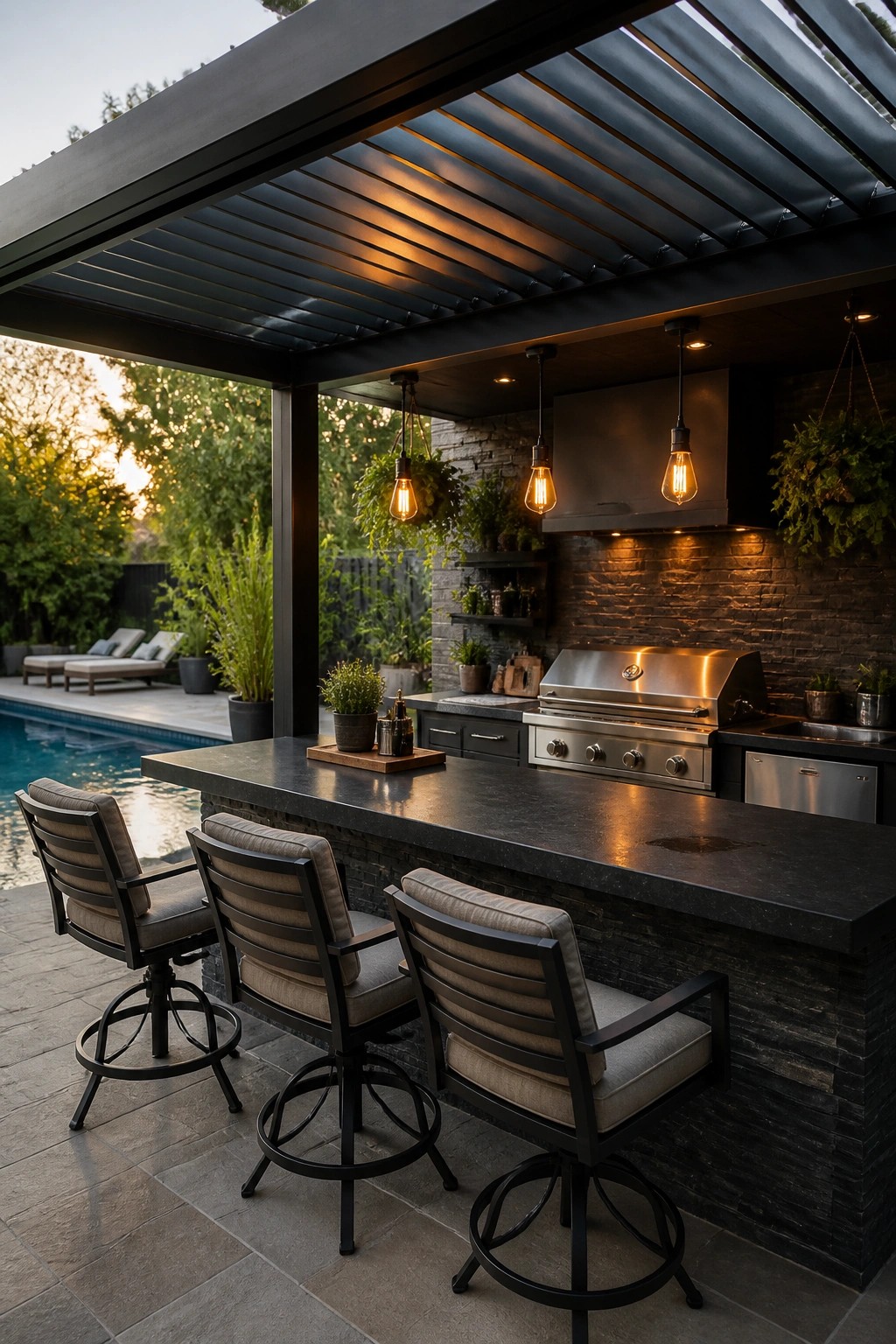 20 Practical Poolside Shade Ideas for Seating, Dining, and Relaxation Areas An outdoor bar counter with three swivel stools sits under a dark slatted roof beside a swimming pool, with a built-in grill and stone wall in the background.