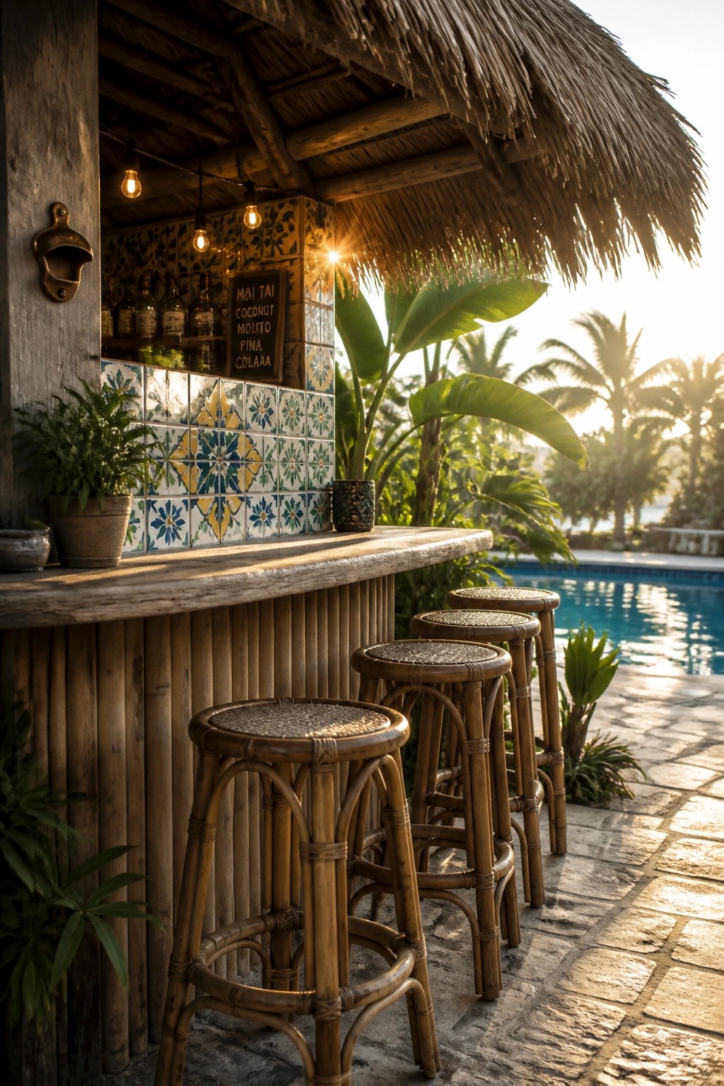 20 Practical Poolside Shade Ideas for Seating, Dining, and Relaxation Areas A tiki-style bar with a thatched roof, bamboo stools, and a tiled back wall next to a swimming pool.