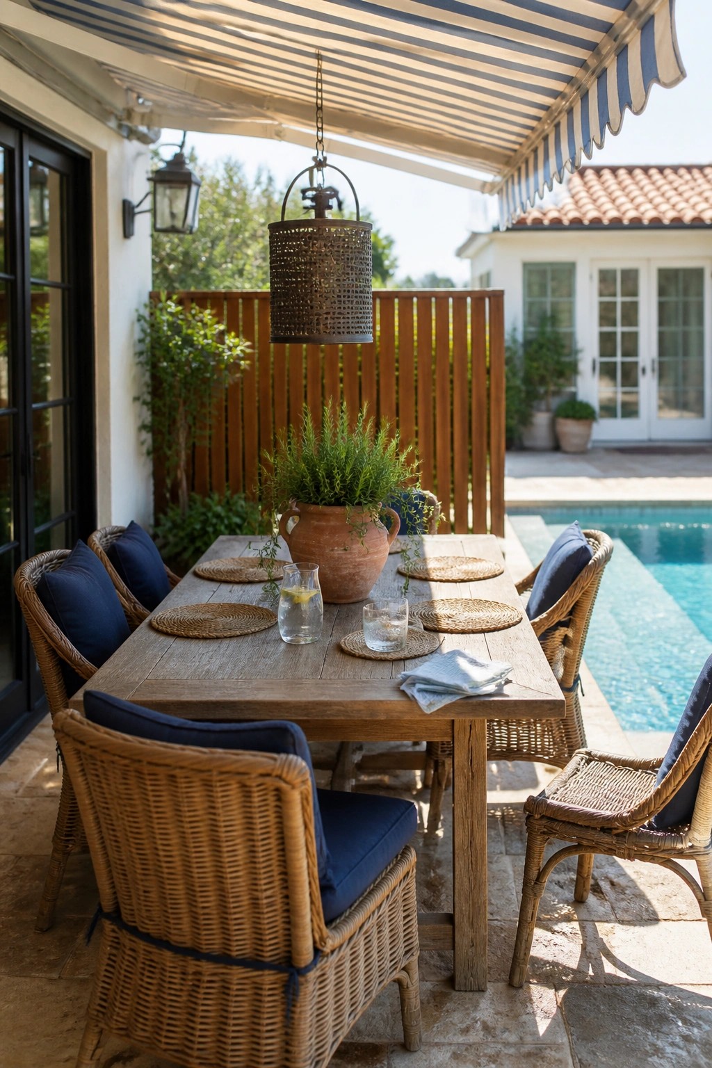 20 Practical Poolside Shade Ideas for Seating, Dining, and Relaxation Areas A wooden dining table with wicker chairs sits under a blue and white striped awning beside a swimming pool.