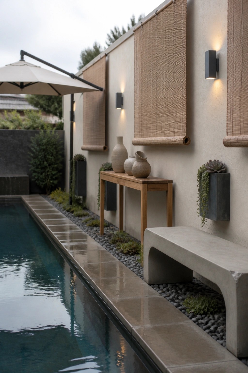 20 Practical Poolside Shade Ideas for Seating, Dining, and Relaxation Areas A long narrow pool beside a stucco wall fitted with several roll-down woven shades, a wooden console table holding ceramic vases, a concrete bench, and wall sconces.