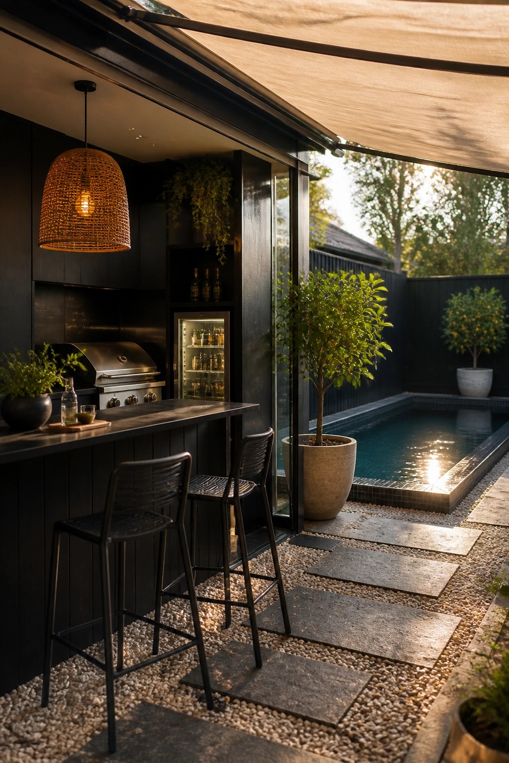 19 Smart Small Pool Cabana Ideas for Compact Backyard Layouts An outdoor bar with black cabinetry and two stools sits on gravel and stone pavers directly beside a small rectangular pool.