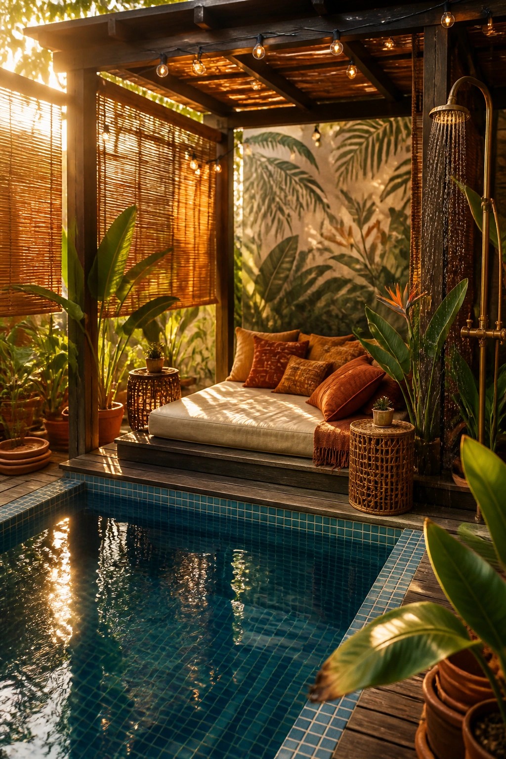 19 Smart Small Pool Cabana Ideas for Compact Backyard Layouts A small backyard pool with blue tiles beside a wooden pergola structure containing a raised daybed with cushions, string lights overhead, an outdoor shower, and surrounding potted plants.