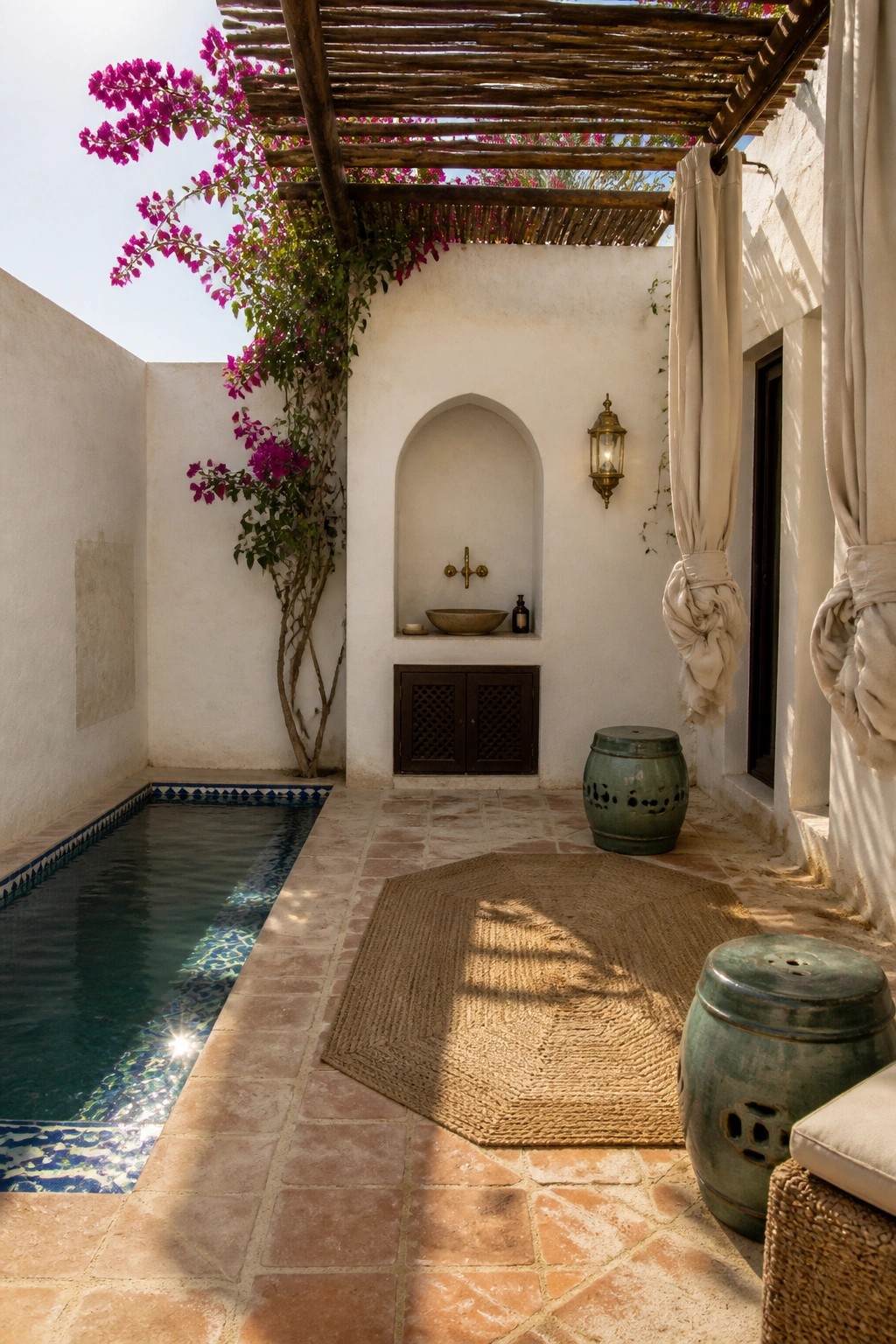 19 Smart Small Pool Cabana Ideas for Compact Backyard Layouts A small rectangular pool sits next to a white-walled patio with a wooden pergola overhead, a wall niche sink, green ceramic stools, and a jute rug.