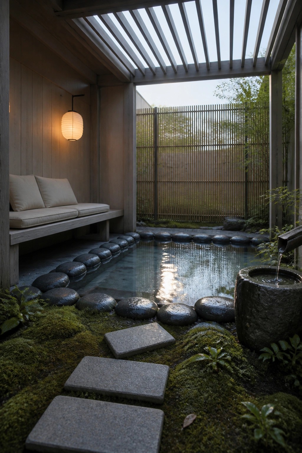 19 Smart Small Pool Cabana Ideas for Compact Backyard Layouts A small rectangular pool with dark stone edging sits beneath a wooden slatted roof, next to a cushioned bench on the left and a stone water basin on the right.