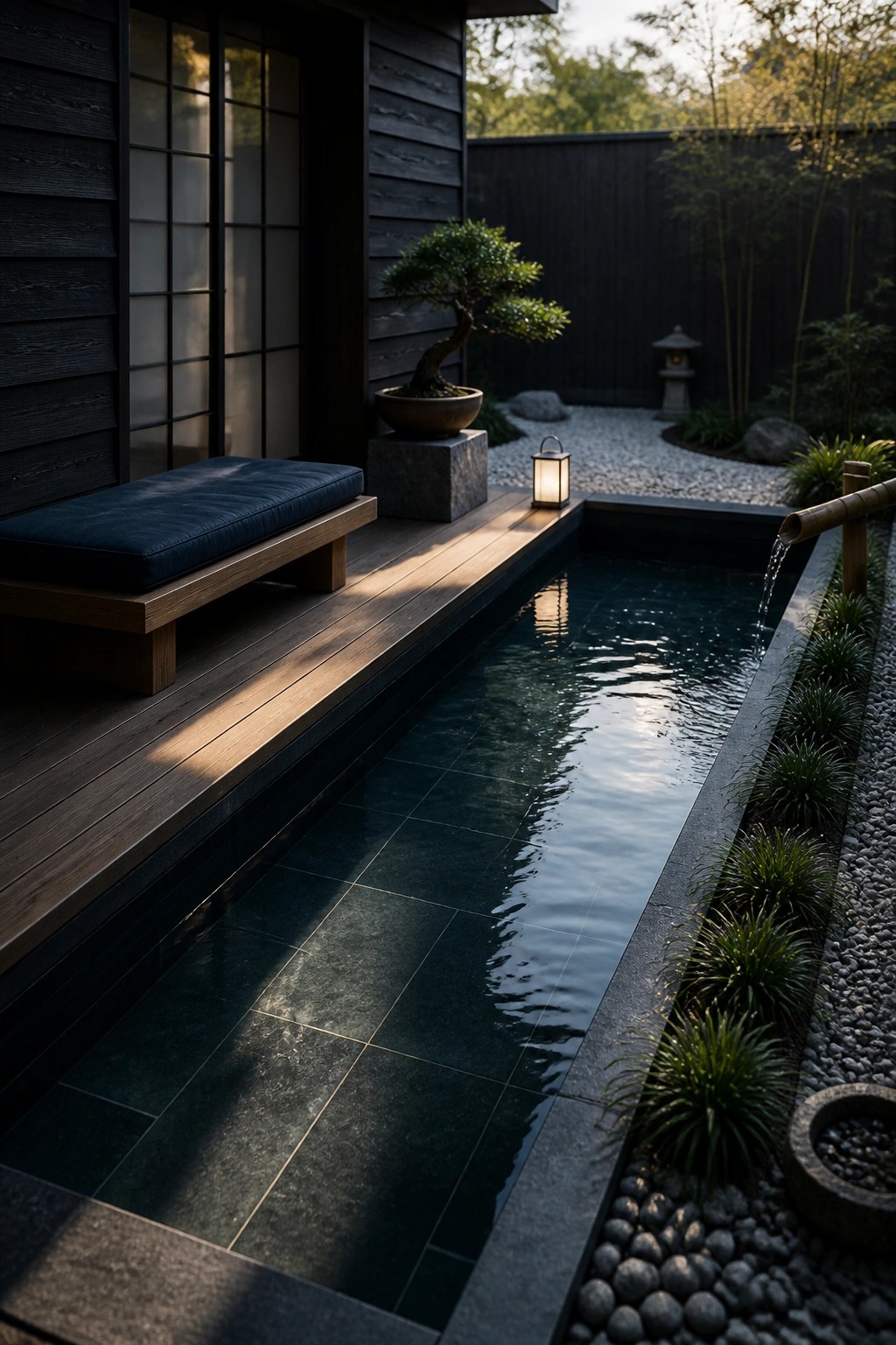 19 Smart Small Pool Cabana Ideas for Compact Backyard Layouts Long narrow pool beside wooden deck with blue cushion, bonsai, and bamboo fountain.