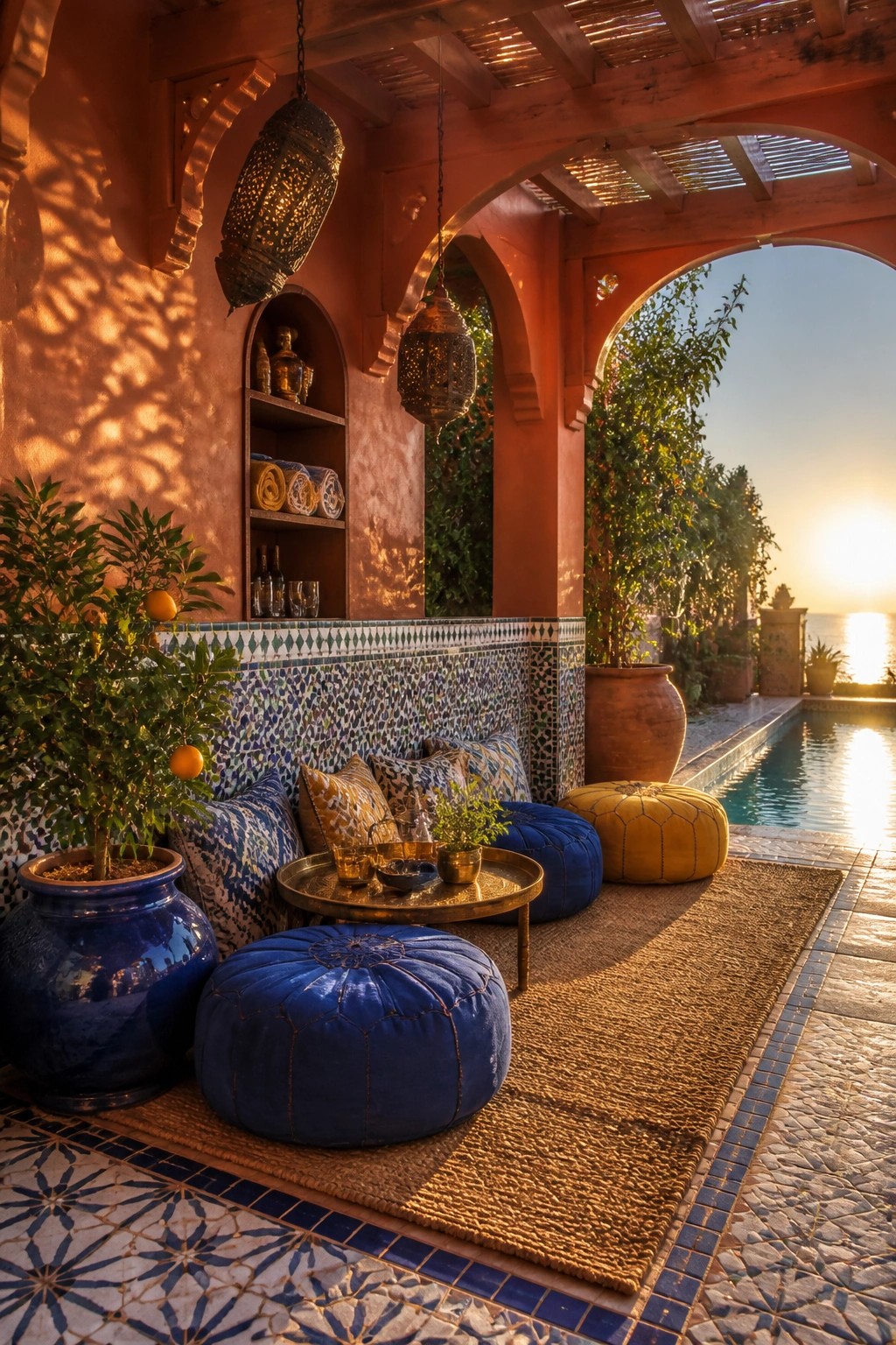 19 Smart Small Pool Cabana Ideas for Compact Backyard Layouts A poolside cabana with a tiled built-in bench holding blue and patterned cushions, several blue and yellow leather poufs on a woven rug, hanging metal lanterns, potted citrus trees, and a view of the pool at sunset.