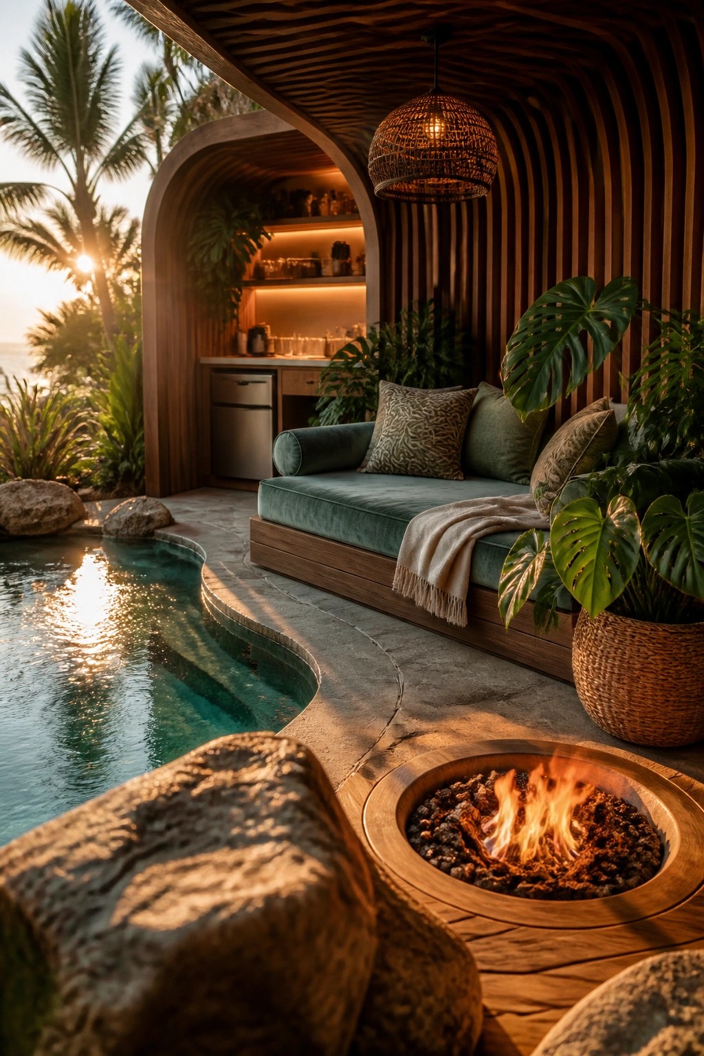 19 Smart Small Pool Cabana Ideas for Compact Backyard Layouts An outdoor poolside cabana with a curved wooden structure, built-in teal daybed with pillows, fire pit in the foreground, and tropical plants at sunset.