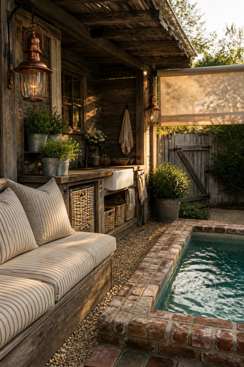 19 Smart Small Pool Cabana Ideas for Compact Backyard Layouts Rustic wooden bench with striped cushions beside outdoor sink and brick pool