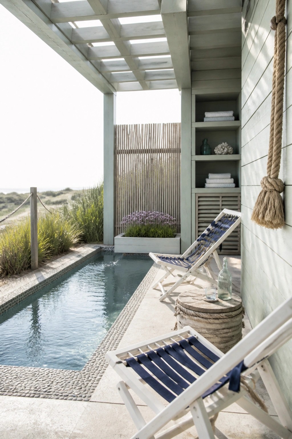 19 Smart Small Pool Cabana Ideas for Compact Backyard Layouts An outdoor pool area with white lounge chairs, built-in wall shelves holding folded towels, and a small plunge pool beside coastal plants.