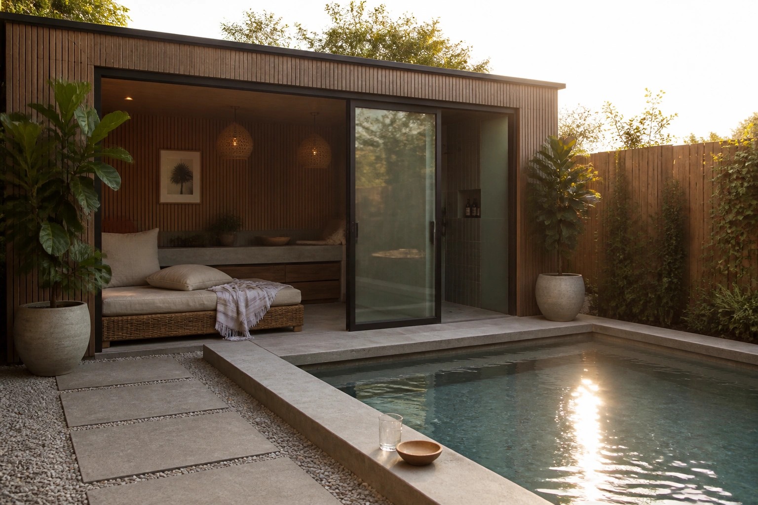 Modern wooden pool house with bed beside pebble-lined swimming pool and potted plants