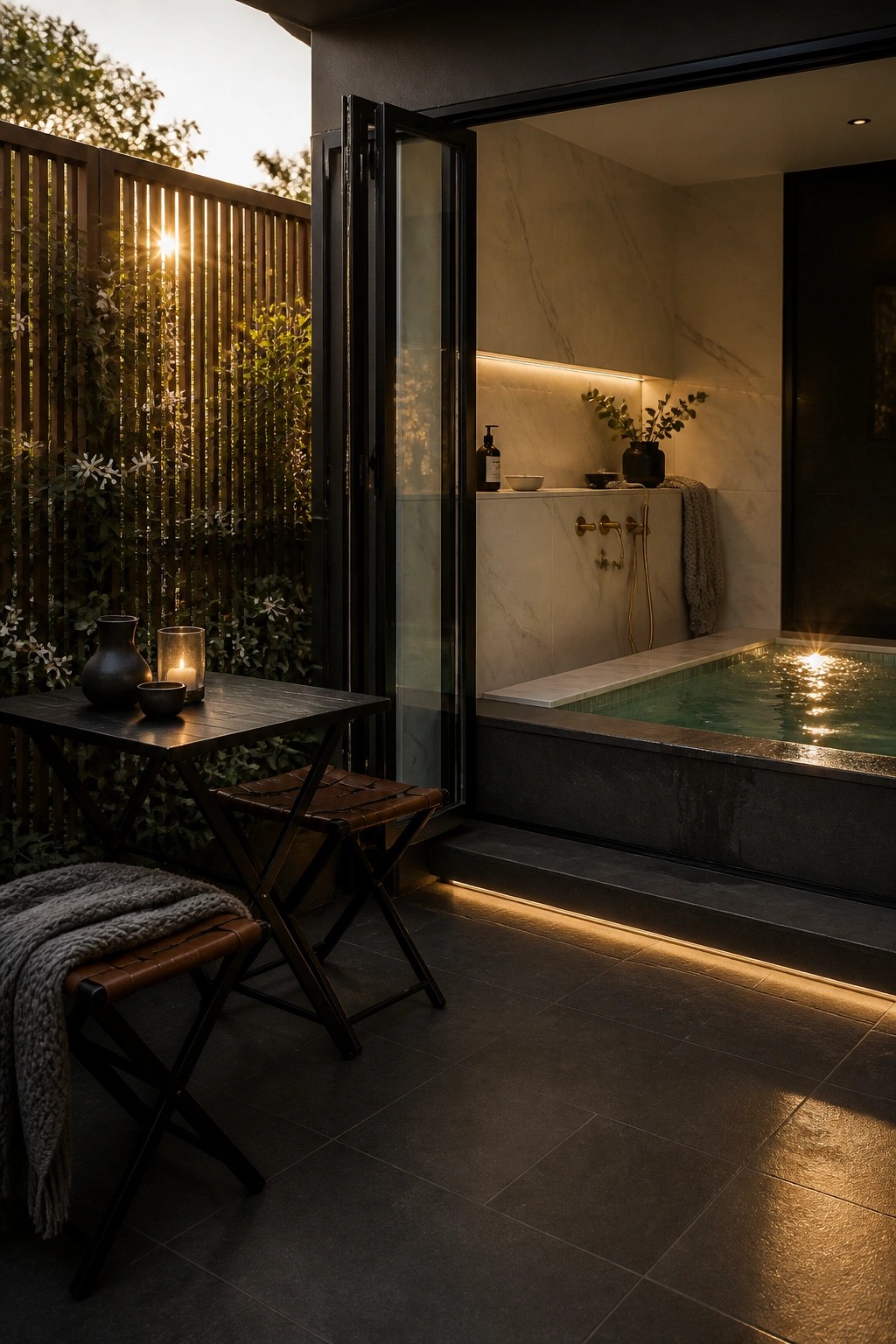 19 Smart Small Pool Cabana Ideas for Compact Backyard Layouts Luxurious patio with table and stools beside open doors to marble bathroom plunge pool at sunset