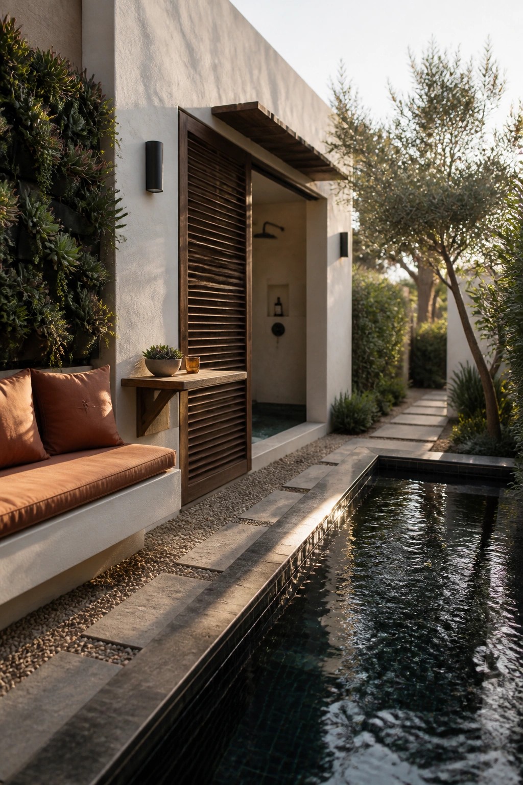 19 Smart Small Pool Cabana Ideas for Compact Backyard Layouts An outdoor pool area with a vertical living wall, built-in bench with rust cushions, wooden table, louvered door to an outdoor shower, and a narrow pool running alongside a stone path.