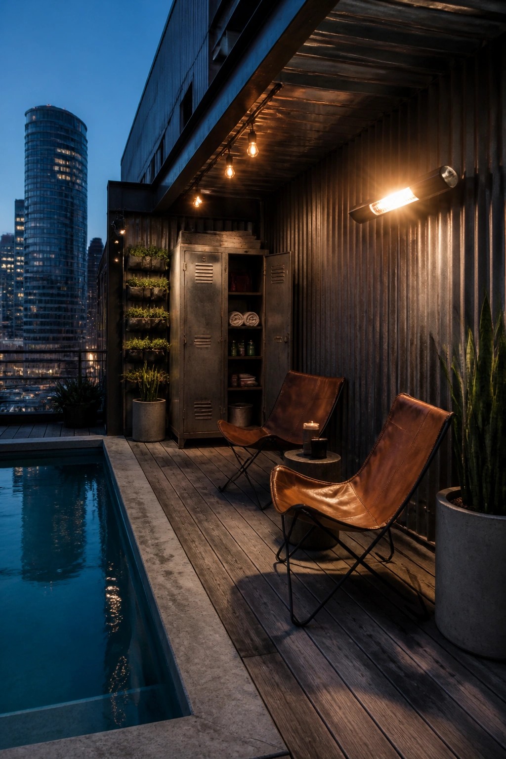 19 Smart Small Pool Cabana Ideas for Compact Backyard Layouts A compact rooftop pool deck at dusk shows two brown leather sling chairs, an open metal storage cabinet, string lights, potted plants, and a city skyline view.