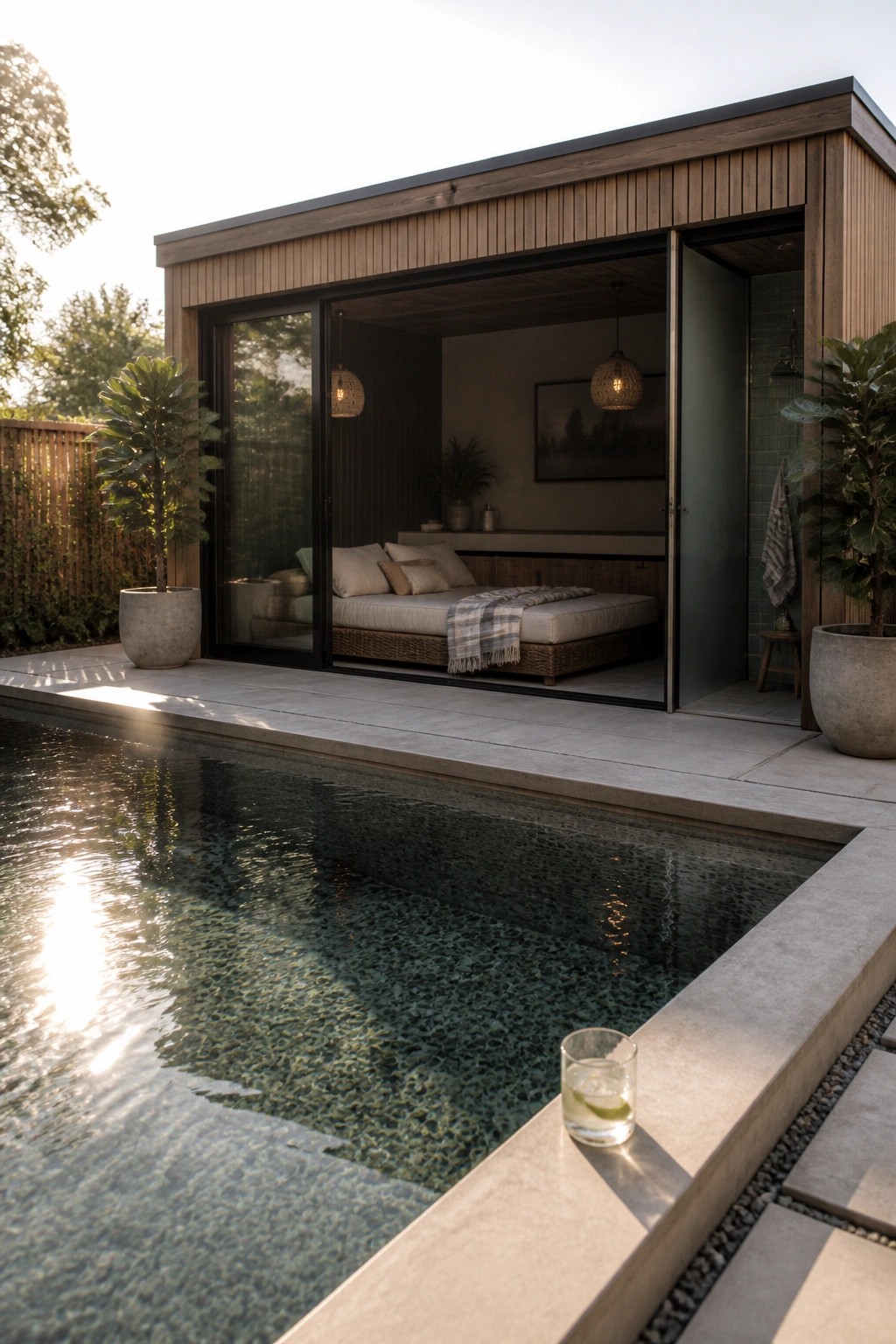 19 Smart Small Pool Cabana Ideas for Compact Backyard Layouts Modern wooden pool house with bed beside pebble-lined swimming pool and potted plants